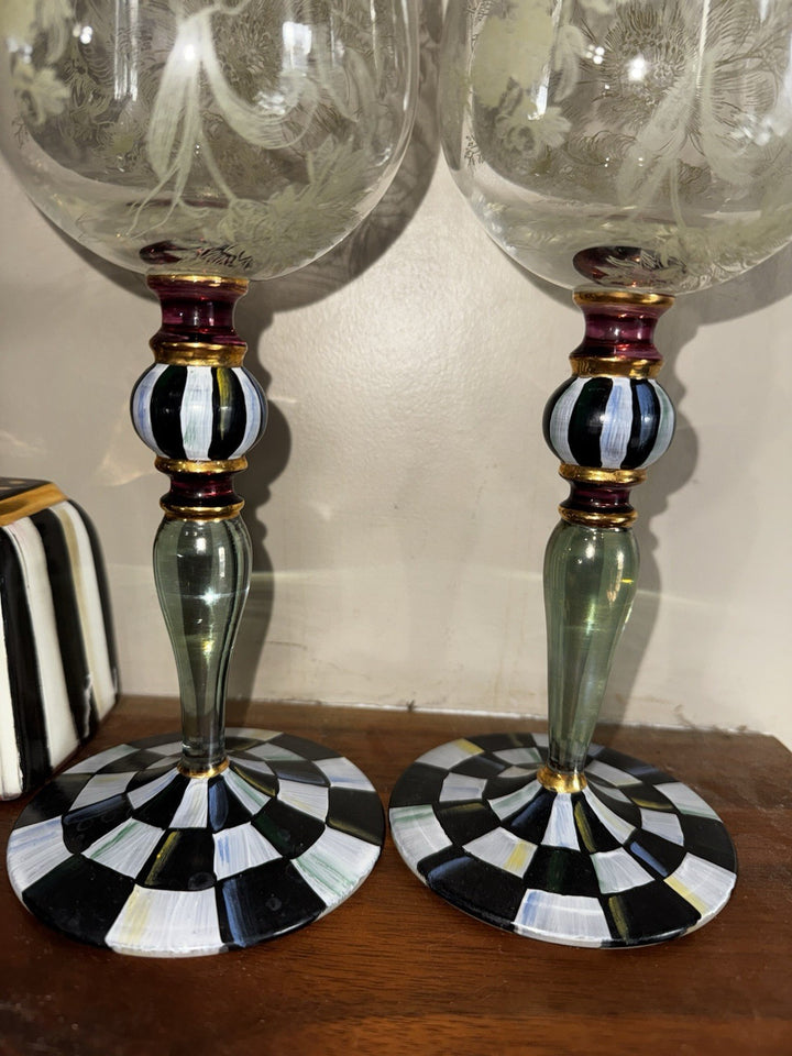Set Of 2 MacKenzie Childs Blooming Wine Glasses Goblet Courtly Check Excellent