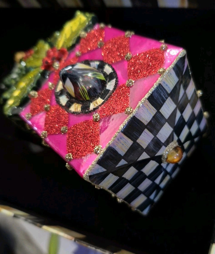 Mackenzie Childs CHICKADEE HOLLY HOUSE Christmas Ornament Blown Glass - NEW/BOX!