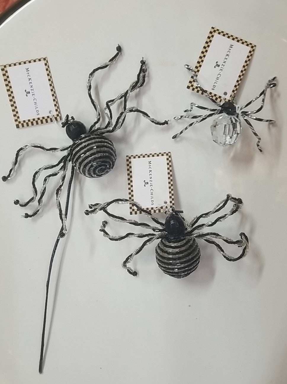 Mackenzie Childs Set Of 3. 1 Crystal 1  striper Spider Clip, 1 striped/stick