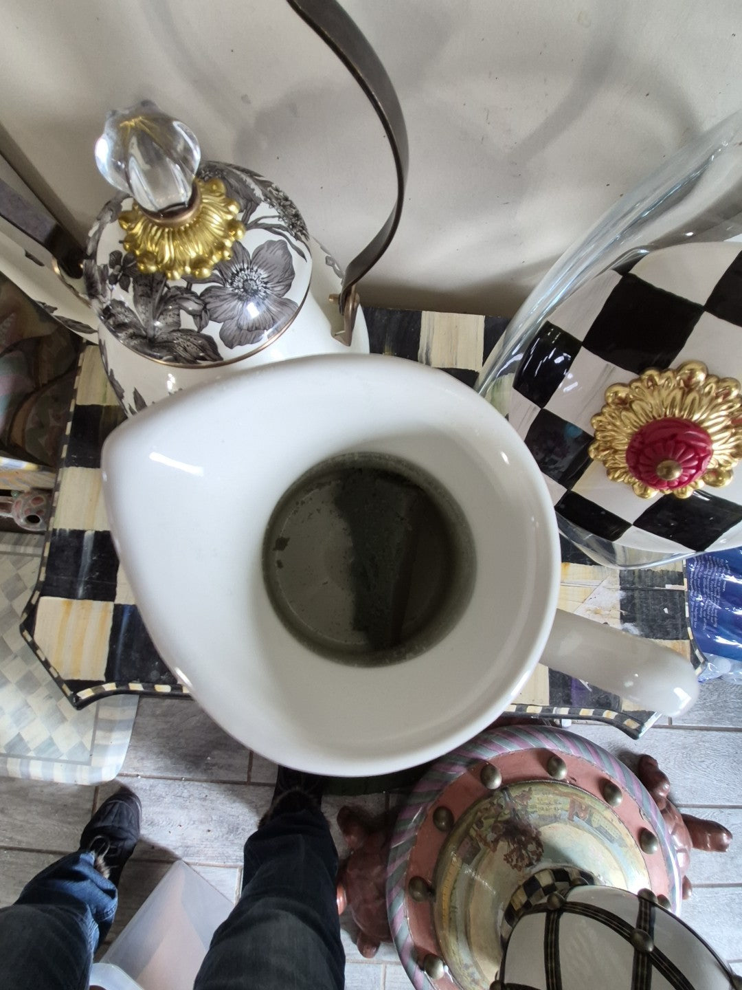 MacKenzie Childs Practical Pitcher Metal White Flower Market SMALL 8.5" TALL