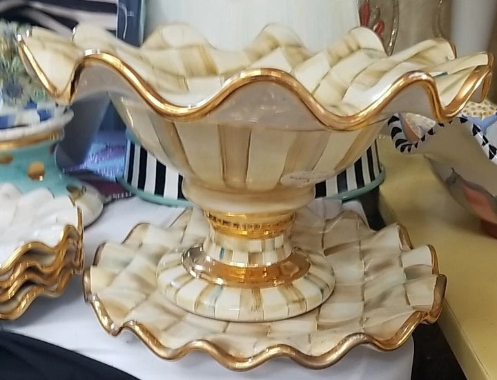 Mackenzie Childs 12” Wide Parchment check Fluted Ceramic Compote Retired