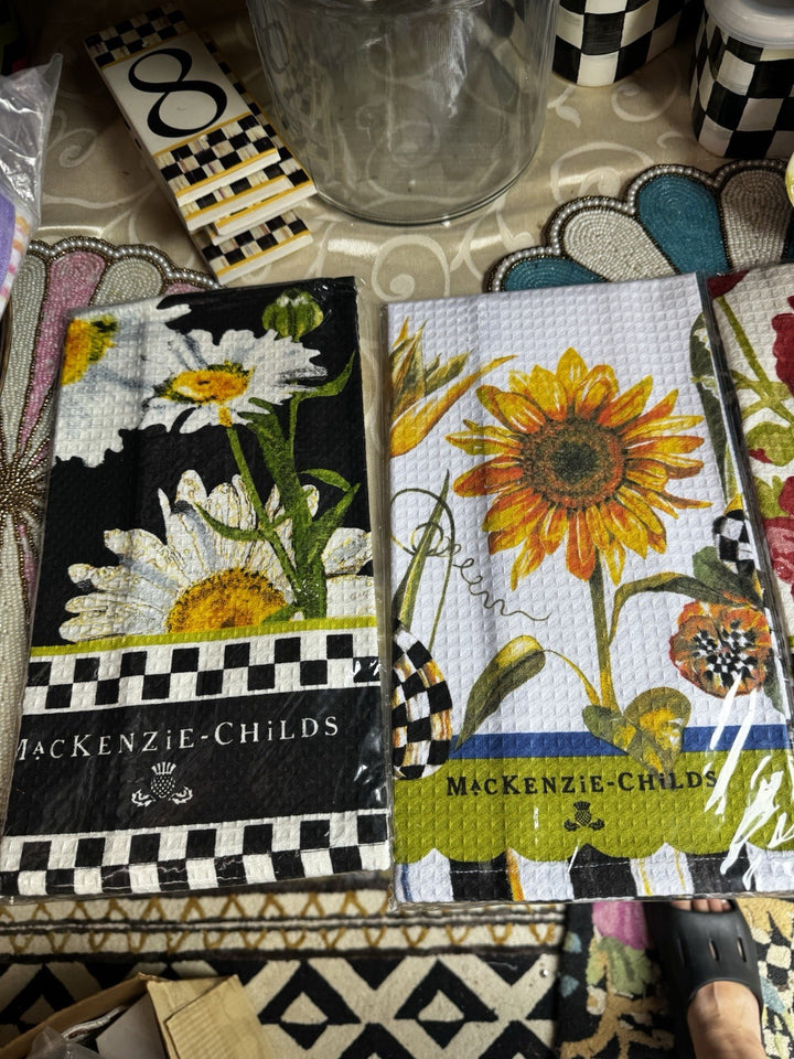 RETIRED MacKenzie Childs SET of 3 POPPY,  Daisy And Sunflower DISH TOWELs