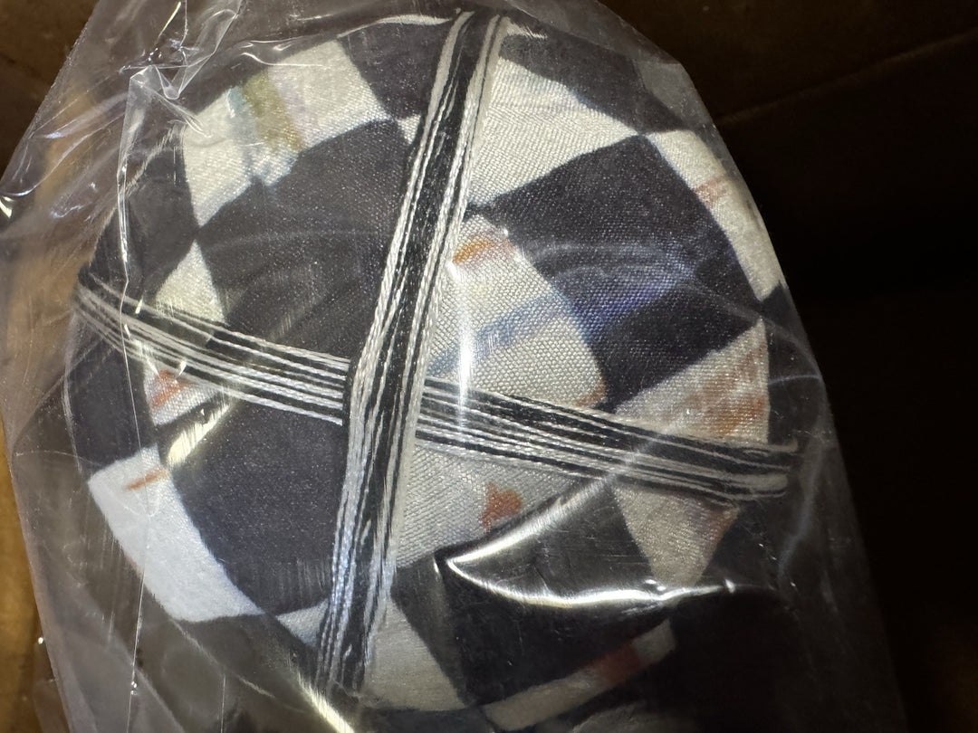 Mackenzie Childs COURTLY CHECK Large BALL Fabric Covered ORNAMENT- New 4”x5.25”