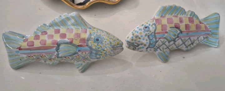 Set 2 Vintage MacKenzie-Childs Pottery Fish Cabinet Knobs / Drawer Pulls Teal