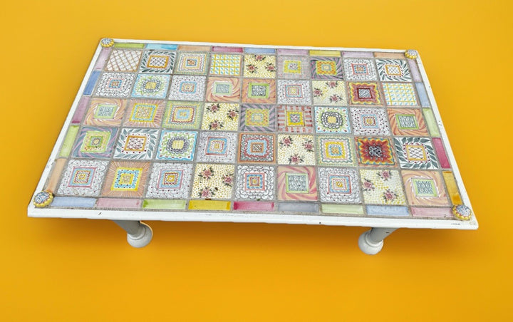 MacKenzie Childs Tile And White Wood Coffee Table Very Good Condition
