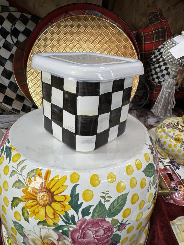 MacKenzie Childs Courtly Check Medium Square  Enamel Storage Container With Lid