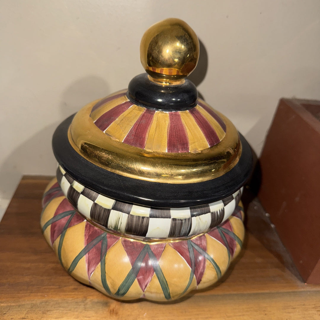 Mackenzie Childs Argyle Groovy Canister, 9" Tall, Ceramic Made In Aurora