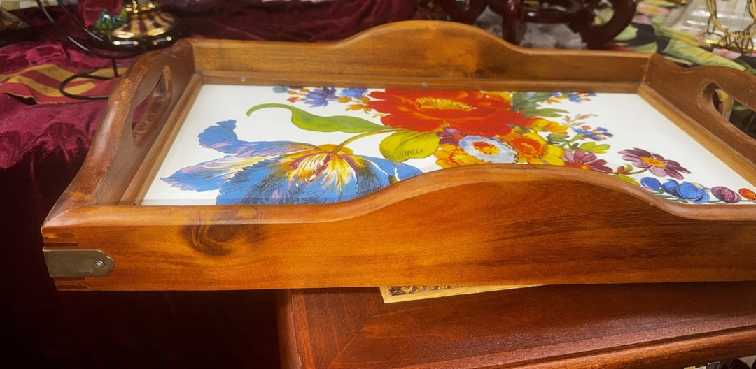 Mackenzie Childs White Flower Market Enamel Acacia Wood Large Serving Tray