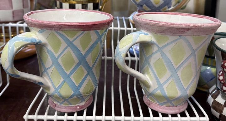 MacKenzie Childs  set Wallcourt Maddox  Footed Mug  - 12 Oz- Retired Used Defect