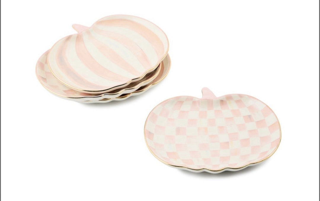 Mackenzie Childs Dessert Plates, Set Of 2 Pumpkin, Pink Rosy Check & Stripe