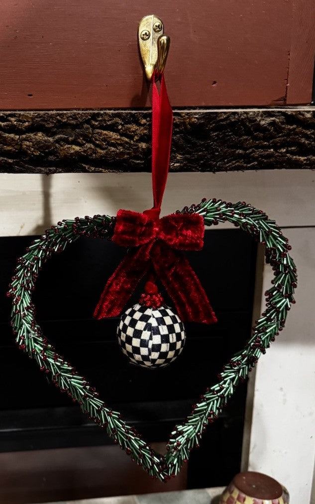 MacKenzie Childs Heart Wreath With Courtly Check Ornament 8” Red Bow