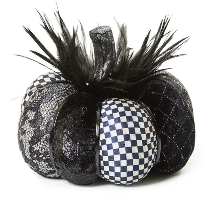 Mackenzie Childs Velvet & Fabric Black Feather Pumpkin Courtly Check New Medium