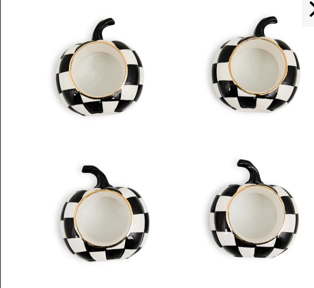 Mackenzie Childs COURTLY CHECK PUMPKIN Napkin Ring Set of 4  Ceramic Nib