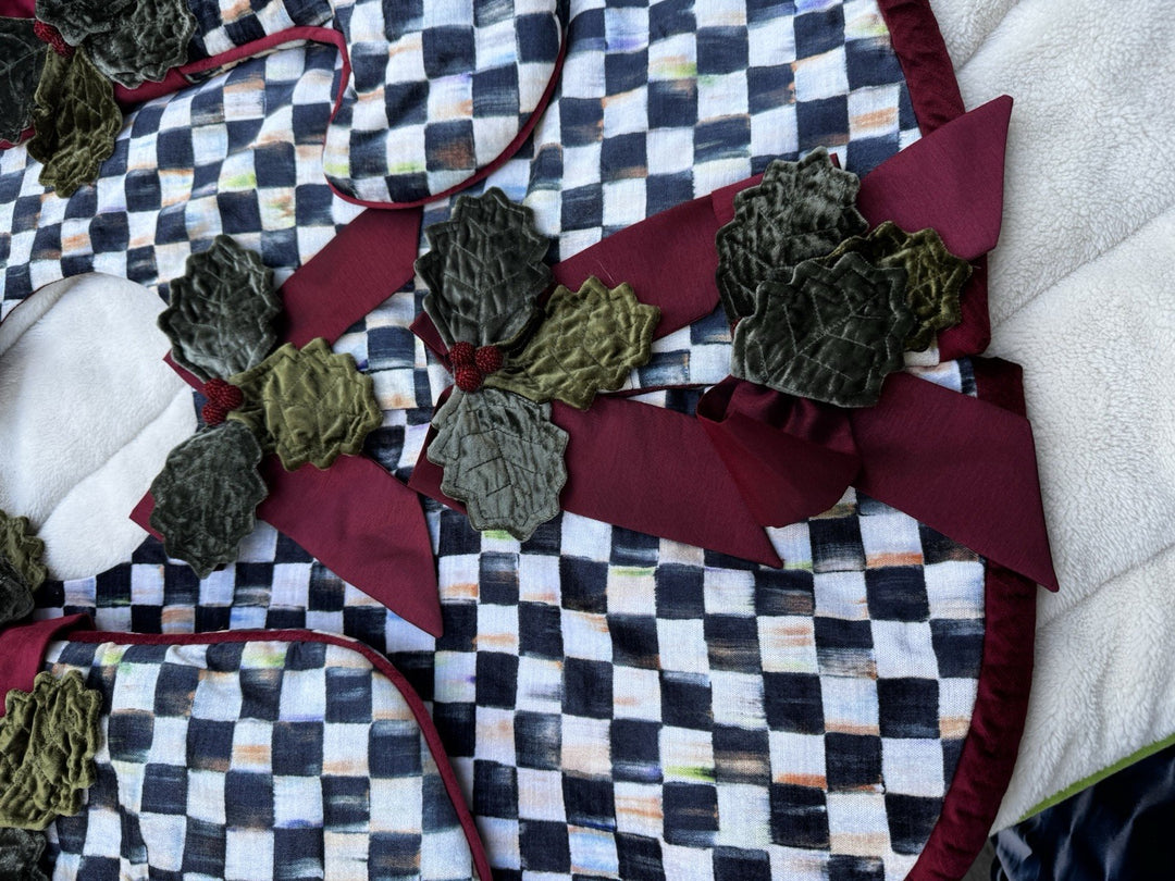 MacKENZIE CHILDS HOLIDAY   VELVET Holly And Beaded Courtly Check TREE SKIRT 46”