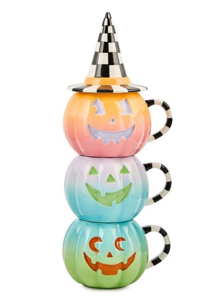Mackenzie-Childs Trick Or TREAT Lidded Mugs Tower Set Of 3 Brand New