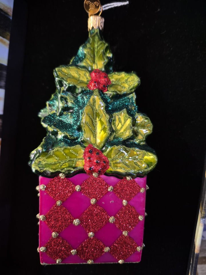 Mackenzie Childs CHICKADEE HOLLY HOUSE Christmas Ornament Blown Glass - NEW/BOX!