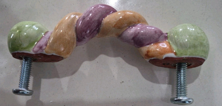 Mackenzie Childs  4.75 Twist Ceramic Handle Pull Knob Pink Orange Green