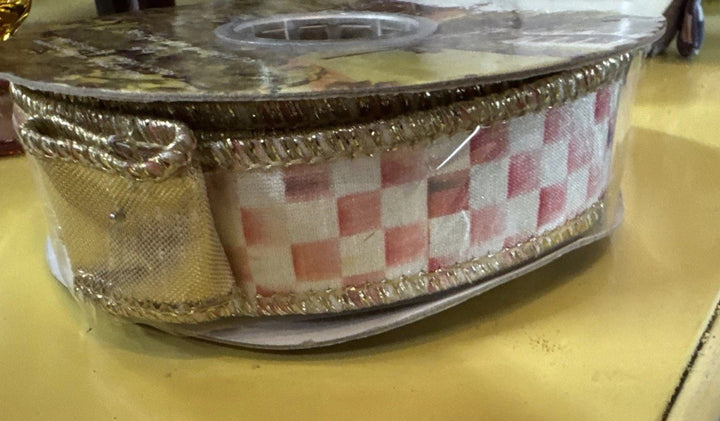 Mackenzie Childs Rosy  Check & Gold   1" Wide Wire RIBBON NEW 10YD
