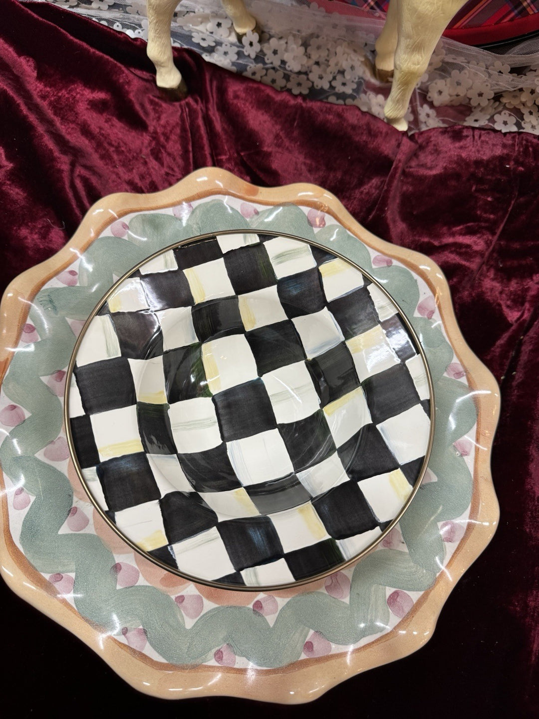 Mackenzie Childs  Set Of 2 Courtly Check Enamel Breakfast  8”  Bowl