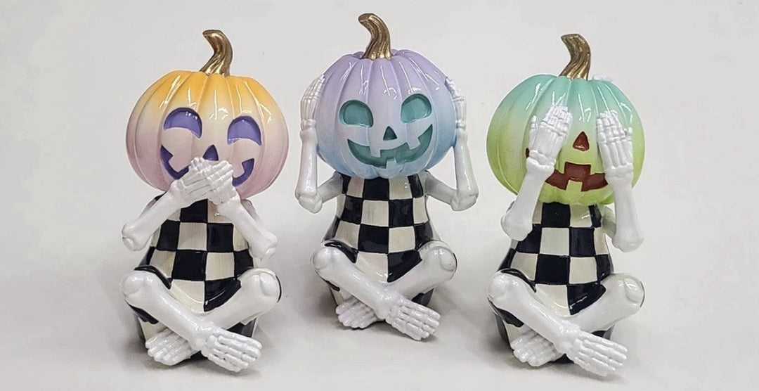 Mackenzie Childs Trick Or Treat Pumpkin Skeletons Set Of 3- NIB
