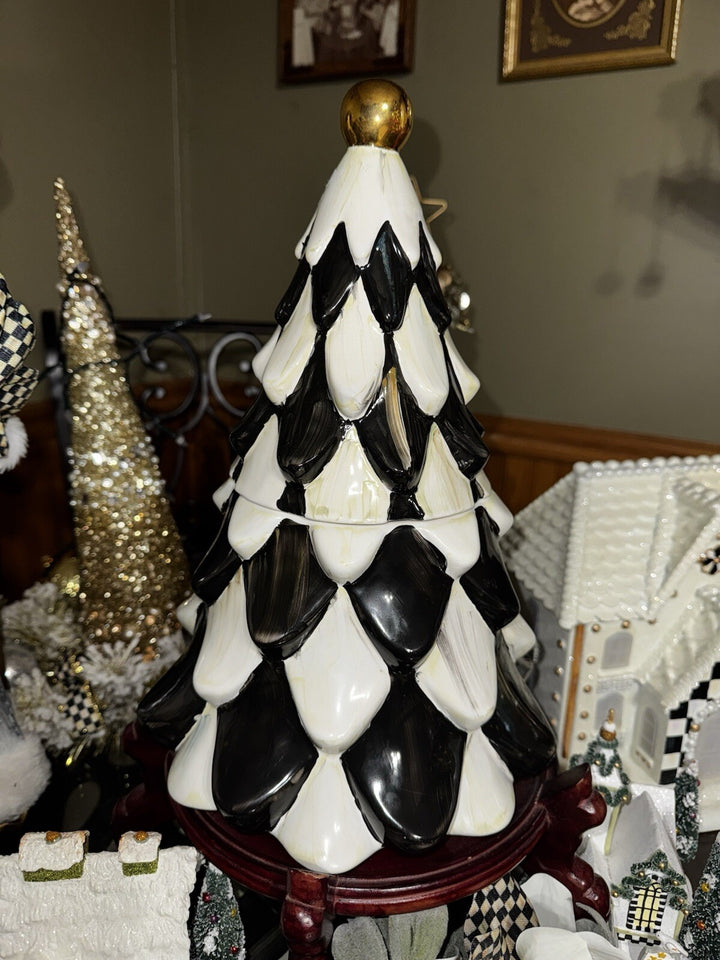 MacKenzie Childs Courtly Check Tannenbaum Cookie Jar  17” Tall Tree Ceramic