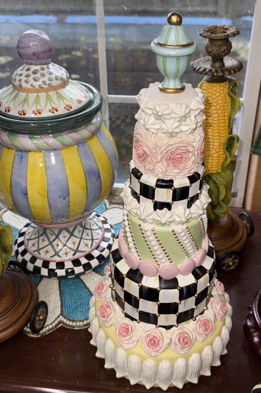 Mackenzie Childs 16.5" Tall Rosy Tiered Rose Garden Cake Courtly Check Retired