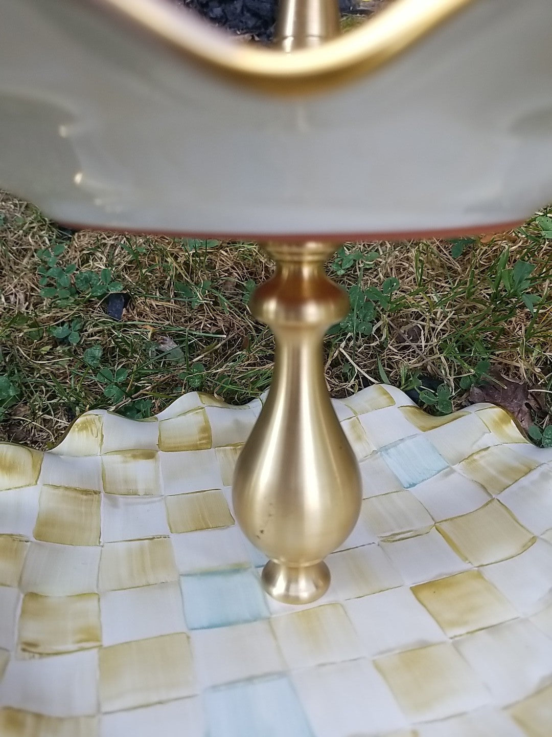 Mackenzie Childs Parchment Check Ceramic Three Tier Sweet Stand With Blue Bird