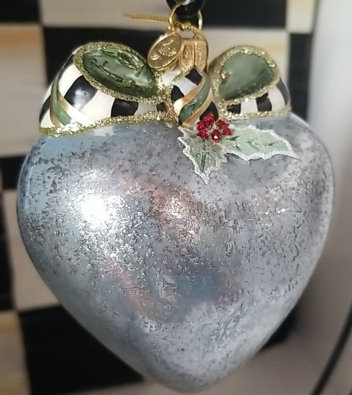Mackenzie Childs Farmhouse Holiday Heart Glass Ornament NIB