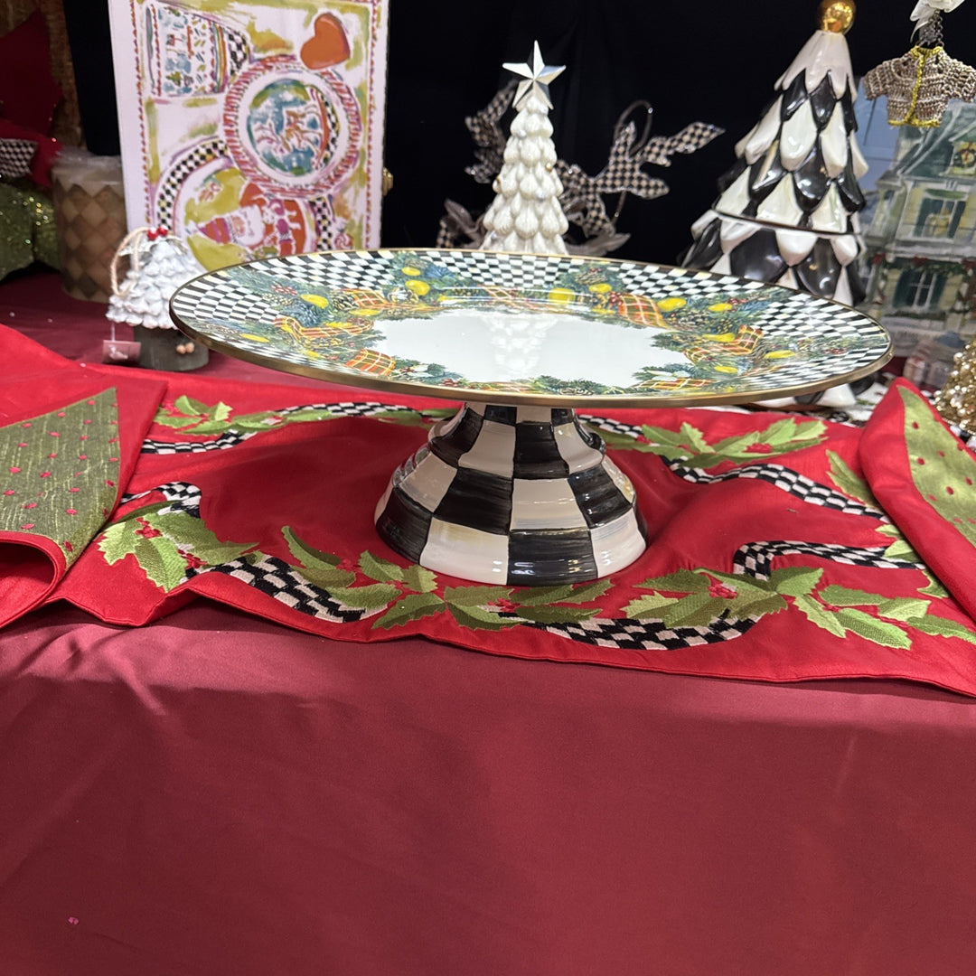 MACKENZIE CHILDS Courtly Check Evergreen Enamel Pedestal Platter - LARGE 16 Tall