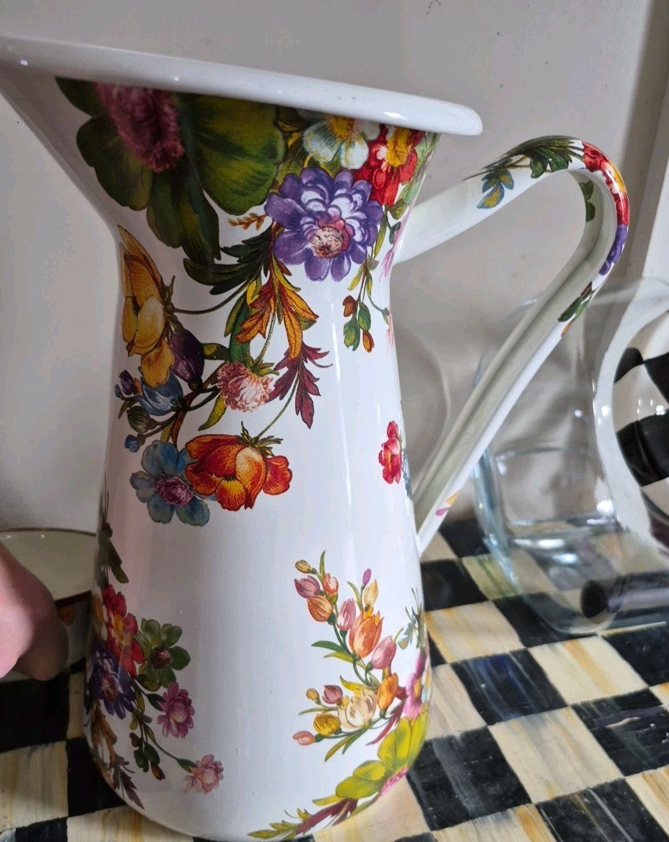 MacKenzie Childs White Flower Market LARGE Practical Pitcher 12”Tall FARMHOUSE
