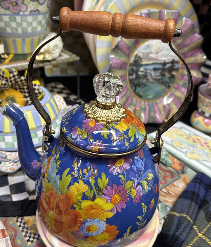 MacKenzie Childs 2 Quart Tea Kettle Blue Lapis Flower Market New
