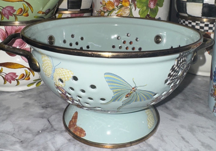 MACKENZIE CHILDS Blue BUTTERFLY GARDEN SMALL ENAMEL COLANDER RETIRED
