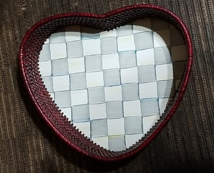 Mackenzie Childs STERLING Check Enamel Rattan Heart Serving Tray 9" New