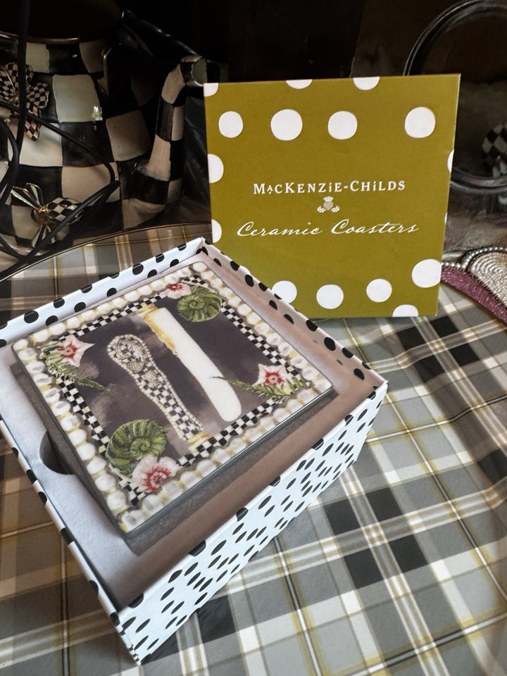 MacKenzie Childs Bon Appetite Ceramic Coaster Set Of 4 New In Box 4”x4”