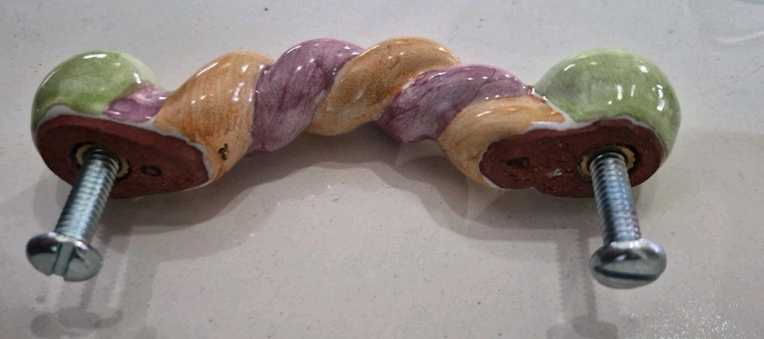 Mackenzie Childs  4.75 Twist Ceramic Handle Pull Knob Pink Orange Green