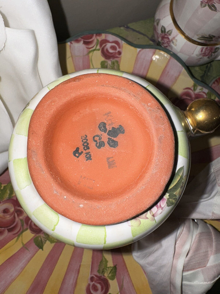 Mackenzie Childs Green Coffee Mug Pottery Honeymoon Sweet Pea Gold Rimmed- Used