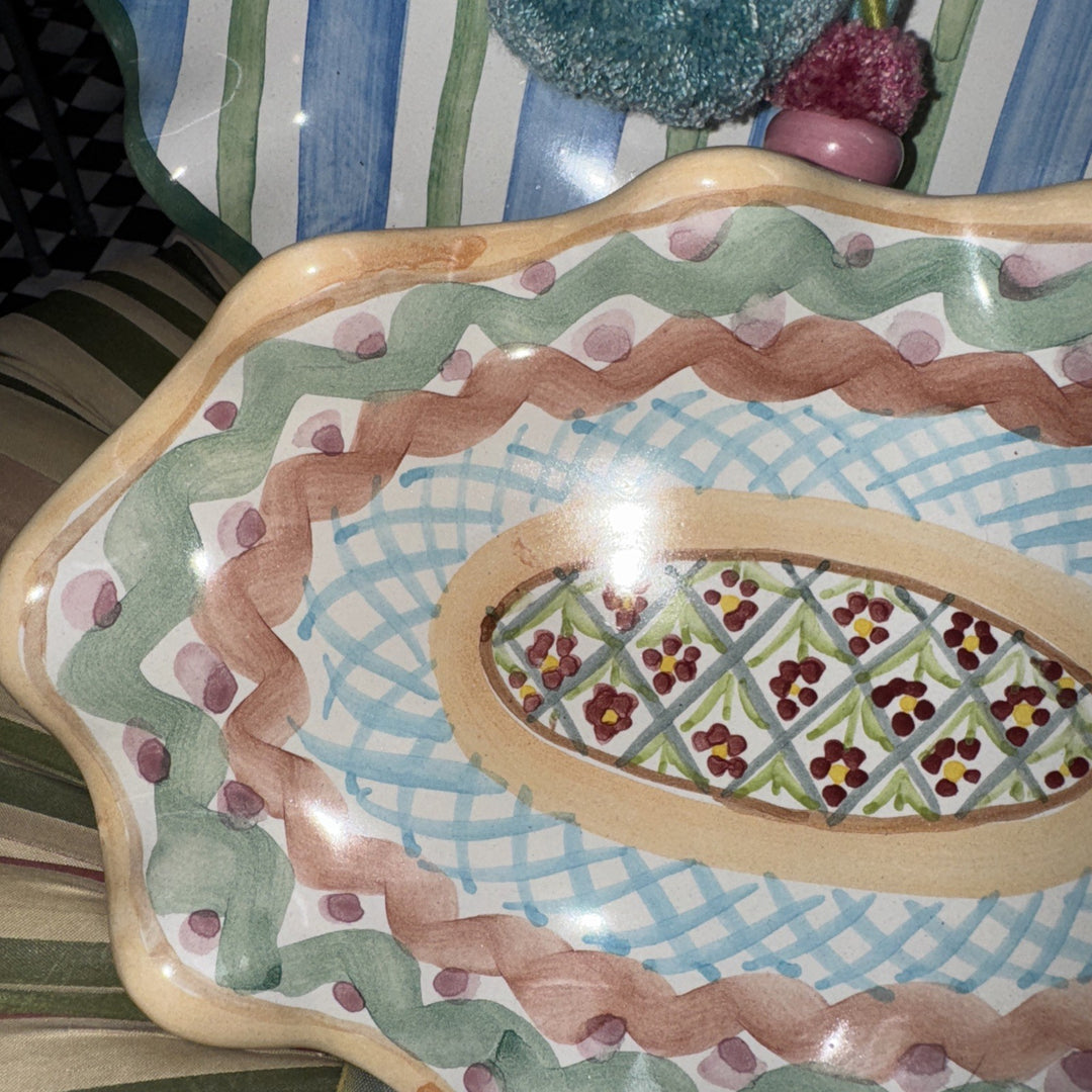 Mackenzie Childs Ceramic Taylor Heather  Check Fluted Oval Platter 6” X 9” 1996