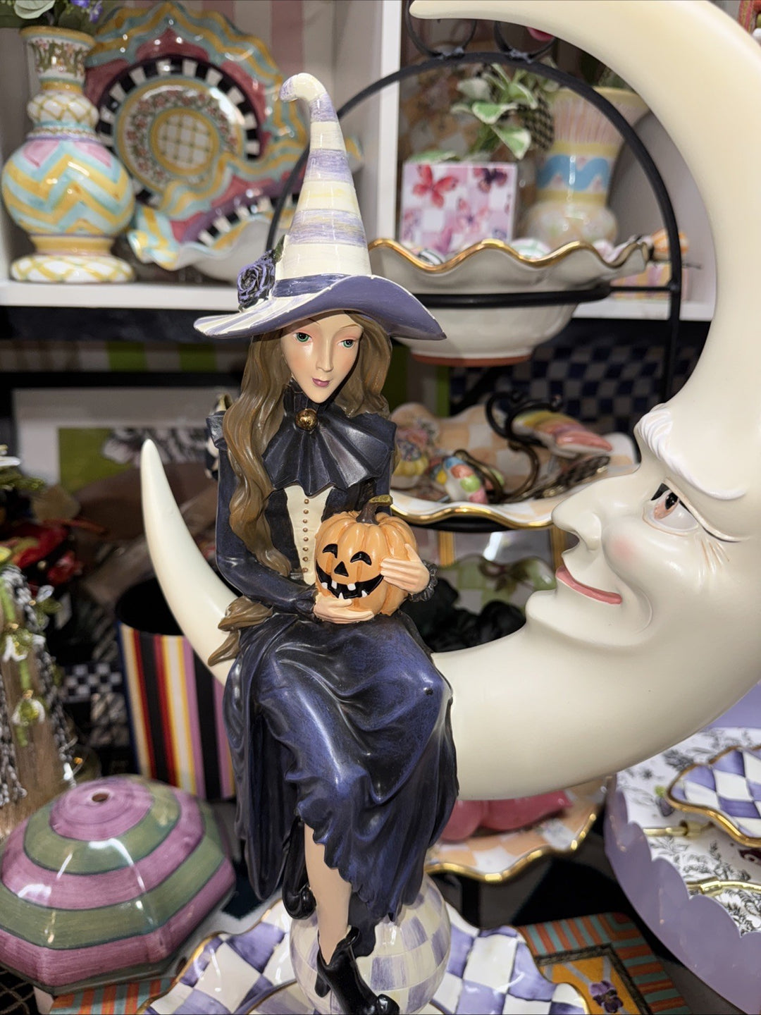 MacKenzie Childs Plum Spellbound Witch & Moon Figurine Hocus Pocus New In Box