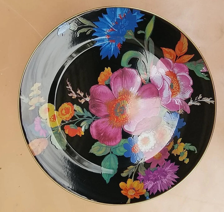 MACKENZIE-CHILDS Black Flower Market & Courtly Enamel Pedestal Platter Small 12”