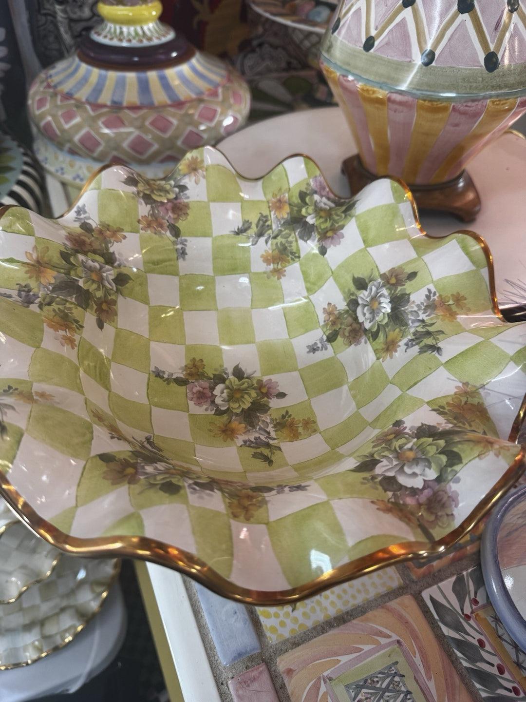 Mackenzie Childs Green Sweet Pea Honeymoon Ceramic Compote Retired 2003