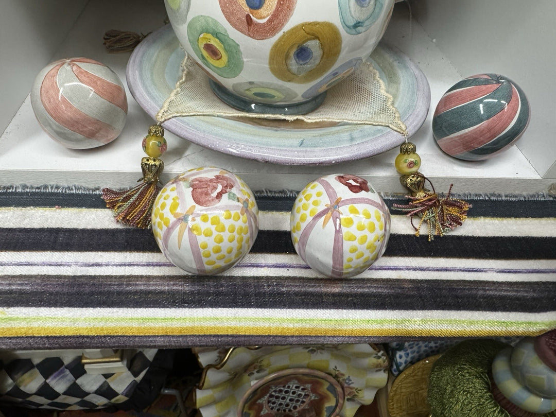 Mackenzie Childs Set Of 2 Rose  Cabinet Knobs / Pulls Ceramic W Hardware