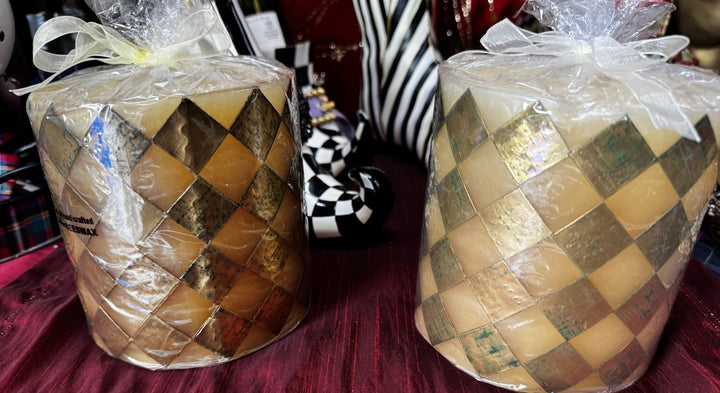 MacKenzie Childs Gold And White  Harlequin Pillar Candle 5 x 5" Beeswax Retired