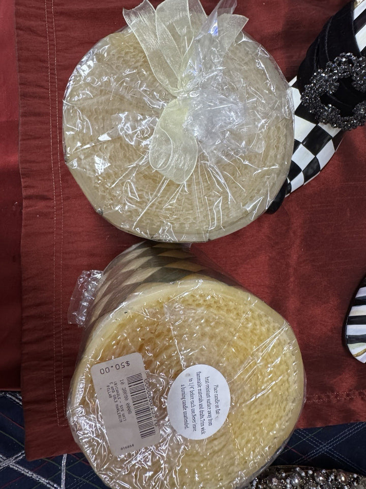 MacKenzie Childs Gold And White  Harlequin Pillar Candle 5 x 5" Beeswax Retired