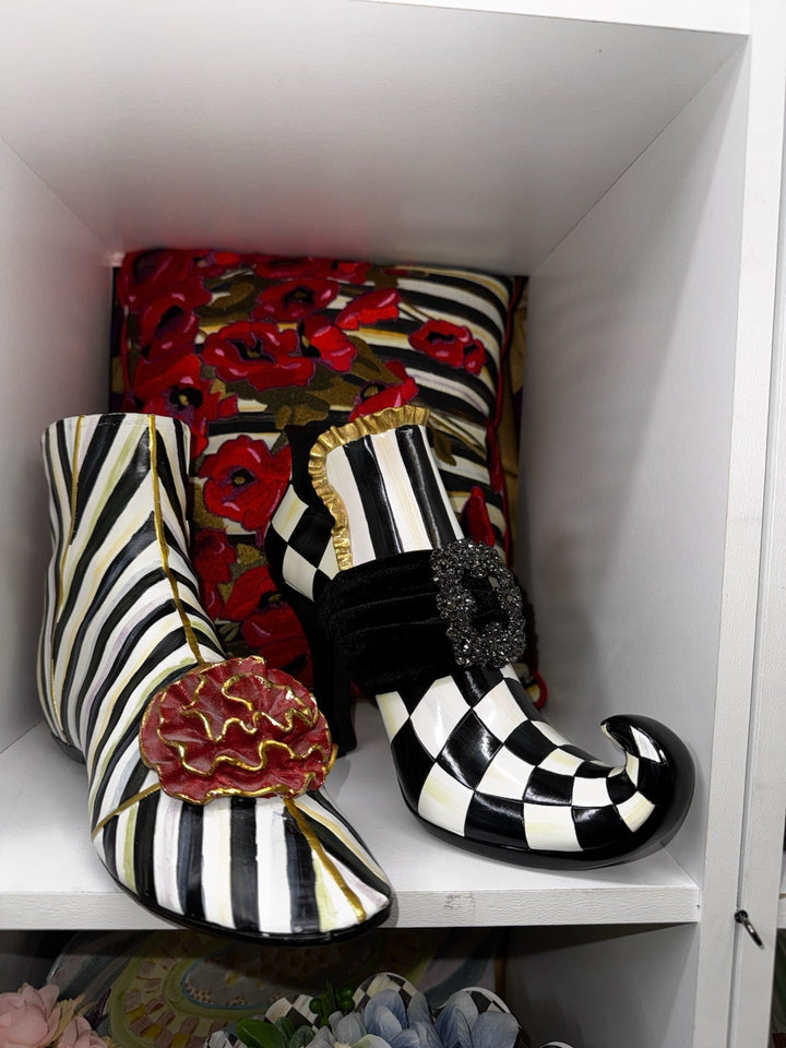 Mackenzie Childs Courtly Stripe Shoe Vase - With Red Flower - Retired