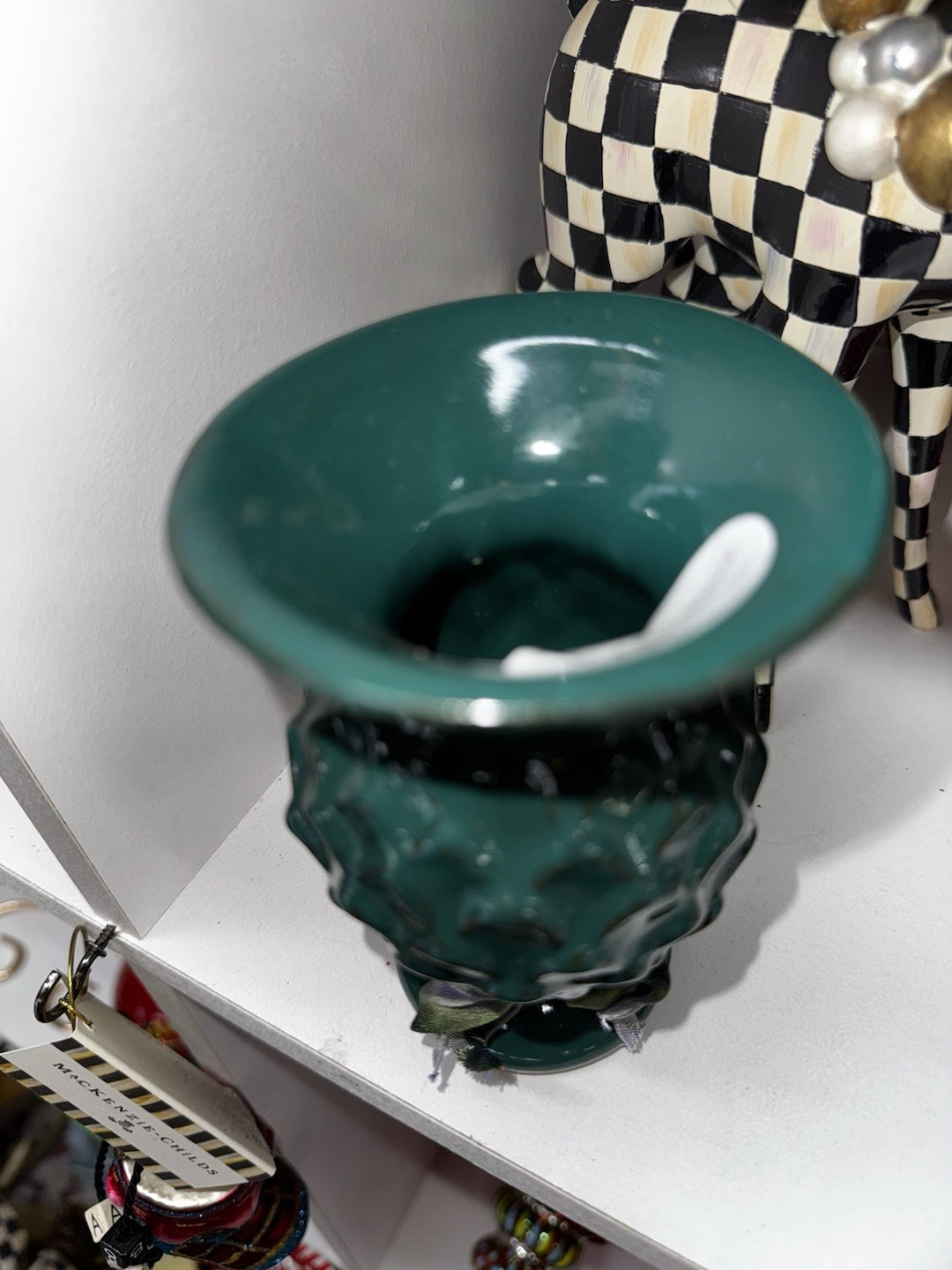 Mackenzie Childs Small  Thistle Vase - Dark Green Ceramic - 4.5” Tall- New