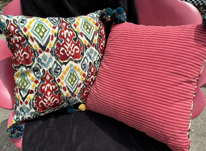 Mackenzie Childs Marrakesh Pillow Has 4 Pom Poms On Corners 18 x 18 X6