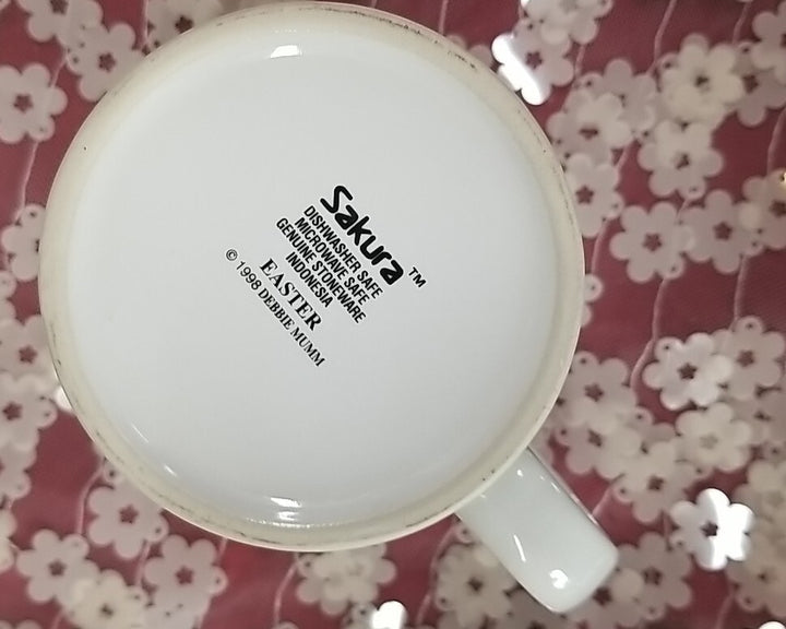 Debbie Mumm Sakura Easter Plate 8 1/4" & mug Set Bunny Eggs 1998-pink w/ Checks