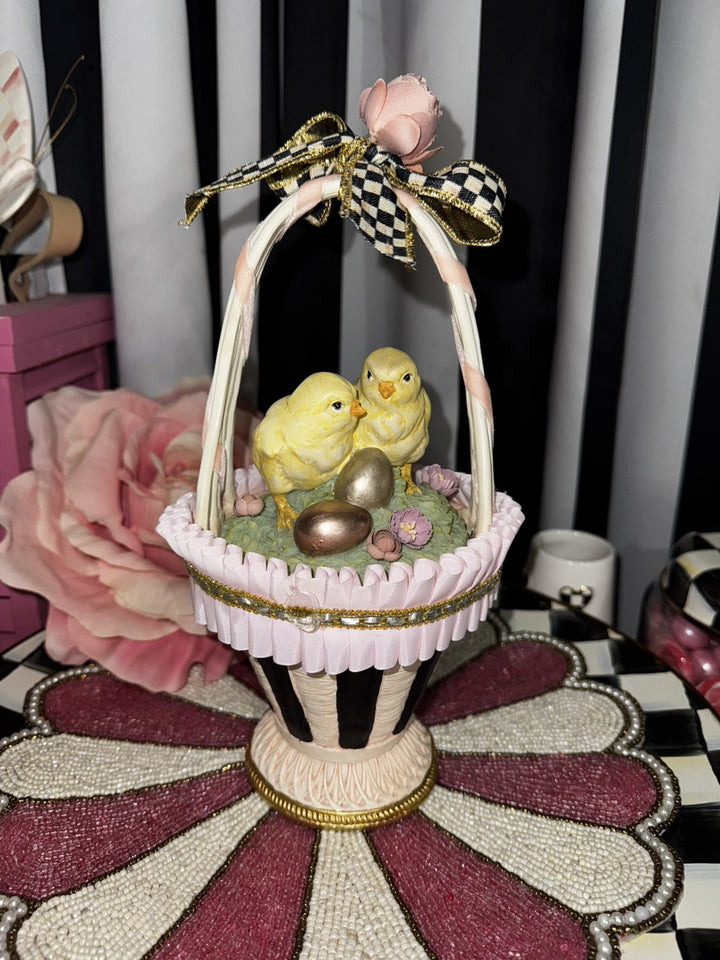 MacKenzie Childs Retired Sweet Shop Pink Chicks Easter Basket- 12” Tall- New