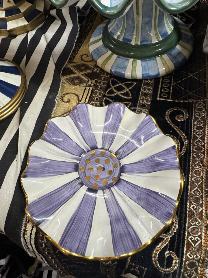 Mackenzie Childs Plum Check Ceramic Fluted 6” Saucer . New