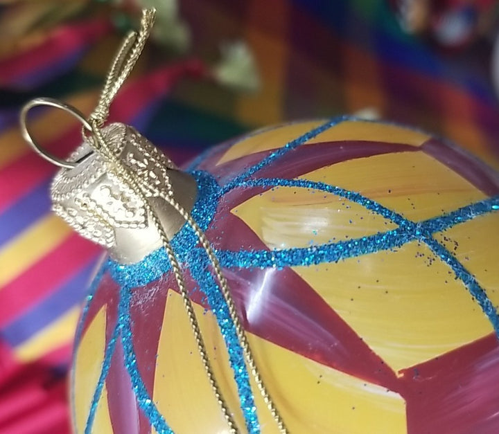 MacKenzie Childs Frank And Mustard  Argyle Double Drop Glass Ornament